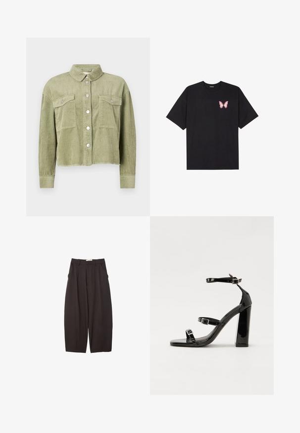 Zelena kordna majica-jakna z teksturiranim, rebrastim dizajnom, dvema žepoma na prsih in sprednjim zapiranjem s srebrnimi gumbi. Skrčena silhueta, s raztrganim robom.; Črna bombažna majica s kratkimi rokavi, ki ima majhen roza metuljček na levi strani prsnega dela. Majica s krožnim ovratnikom in sproščenim krojem.; Črne široke hlače iz gladkega materiala, z visokim pasom, zgornjimi pregibi in stranskimi žepi. Preprost dizajn brez okrasnih elementov.; Črne lakirane sandale s peto, kvadratnim prstom, trakovi okrog gležnja in srebrnimi zaponkami. Opremljene so s stabilno Debelo peto.