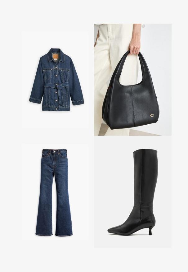 Jachetă din denim de culoare albastru închis, cu talie cu curea, guler mare și front butonat. Are patru buzunare și detalii de cusătură în contrast.; Tricou negru cu mânecă scurtă, confecționat din bumbac fin. Are un decolteu rotund și un design ajustat, fără modele sau grafică vizibilă.; Jeans din denim dark blue, cu talie înaltă, picioare evazate, închidere cu buton și fermoar în față, și design cu cinci buzunare.; Zign Cizme - black; Geantă hobo din piele neagră cu un finisaj texturat, mânere lungi și un accent logo auriu pe lateral.