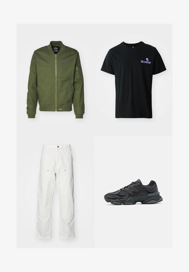 Casaco bomber verde-azeitona com fecho éclair na frente, punhos e barra canelados. Apresenta um bolso com fecho na manga esquerda e um patch de logo na cintura.; T-shirt de algodão preto com mangas curtas, apresentando um logo roxo "Converse" e uma ilustração de água-viva na área do peito esquerdo.; Calças cargo brancas em algodão com um corte descontraído. As características incluem bolsos frontais, detalhes em metal dourado e áreas de joelhos reforçadas.; Sapato de corrida preto com uma combinação de malha e materiais sintéticos, sola robusta, design curvado e uma marca de destaque na lateral.