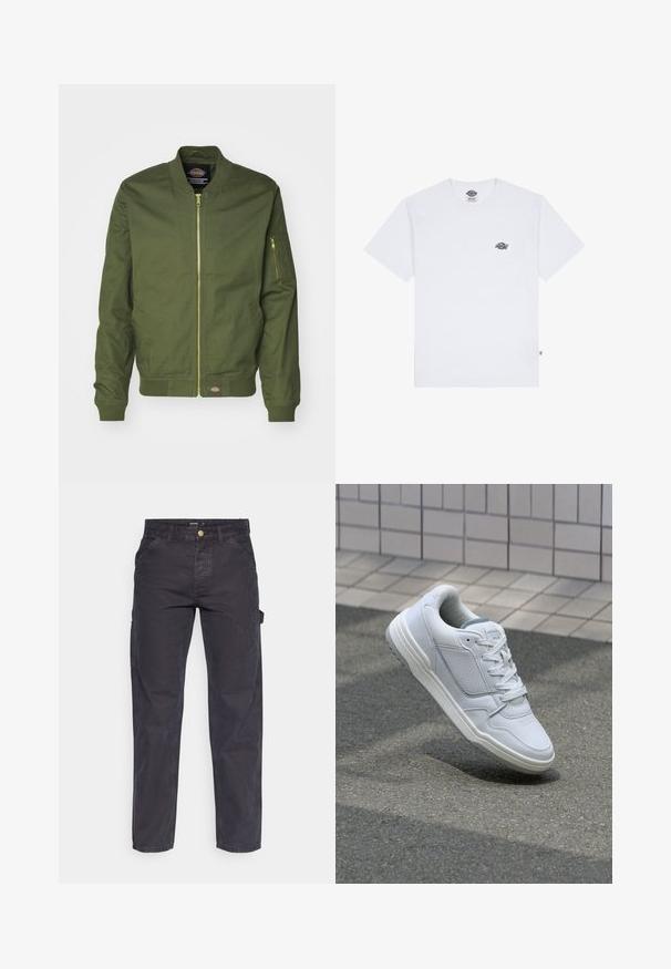 Olivinvihreä pommikauppatakki, jossa on vetoketjusuljenta, ribbireunat hihansuissa ja helmassa. Mukana on vetoketjullinen tasku vasemmassa hihassa ja logopatch vyötäröllä.; Valkoinen puuvillainen t-paita lyhyillä hihoilla, jossa on pieni musta logo rinnassa ja tagi vasemmassa alakulmassa.; Tummanharmaat cargo-housut, jotka on valmistettu kestävästä kankaasta. Niissä on suora lahkeellinen leikkaus, viisi taskua ja nappikiinnitys vyötäröllä.; Valkoinen nahkakengät, joissa on rei'itetyt sivut, teksturoituja yksityiskohtia, tasaiset nauhat ja erottuva harmaa kanta. Varrella on hieman kohotettu pohja.