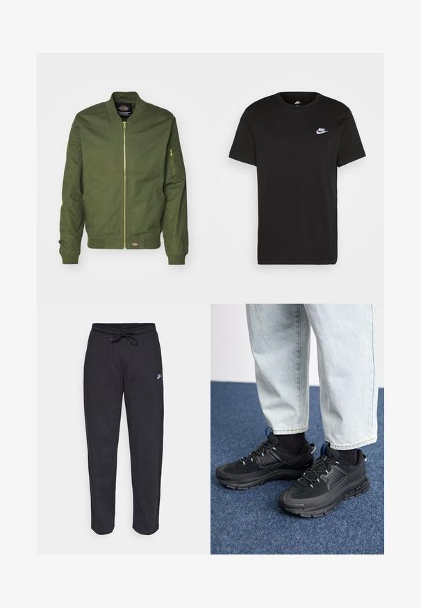 Olive green bomber jacket with a zip front, ribbed cuffs, and hem. Features a zip pocket on the left sleeve and logo patch at the waist.; Black cotton T-shirt with short sleeves, round neck, and a small white Nike logo on the upper left chest. Smooth texture. Classic fit.; Black sweatpants made of soft fabric with an elastic waistband, drawstring, and a small Nike logo on the left thigh.; Black athletic shoes with textured fabric and rubber soles, featuring elastic laces and a blue accent on the heel. Worn with light denim pants.