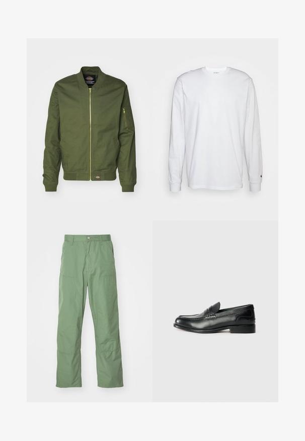 Alyvuogių žalios spalvos bomber tipo striukė su užtrauktuku priekyje, raštuotais rankogaliais ir apvadu. Yra užtrauktuko kišenė kairiajame rankove ir logotipo dėmė juosmens srityje.; Balta, ilga rankovė T-maiša, pagaminta iš medvilnės. Apvalios iškirptės dizainas su raukiniais ant rankovių ir nedidelis logotipas ant kairės rankovės. Glotni tekstūra.; Šviesiai žali, laisvo kirpimo kelnės su lygiu paviršiumi, turinčios šonines kišenes ir matomas siuvimo detales. Pilno ilgio, tiesaus kirpimo dizainas.; Juodos odinės loafer tipo bateliai su lygiu paviršiumi, siuvinėjimu per priekį ir šiek tiek pakelta pakulne.