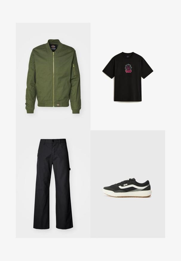 Olivinvihreä pommikauppatakki, jossa on vetoketjusuljenta, ribbireunat hihansuissa ja helmassa. Mukana on vetoketjullinen tasku vasemmassa hihassa ja logopatch vyötäröllä.; Musta puuvillapaita, jossa on etuosassa graafinen suunnittelu, jossa on piikikäs sarjakuvahahmo ja sana "VANS" pinkillä käsinkirjoitetulla fontilla. Lyhyet hihat.; Mustat, leveälahkeiset housut kestävästä kankaasta. Varustettu nappisulkeumalla ja sivutaskuilla. Sujuva pinta ja siisti muotoilu.; Mustat lenkkarit valkoisilla yksityiskohdilla, joissa on sileä synteettinen päällinen, pyöreä muoto ja kumipohja, yhdistettynä vaaleanbeigeihin housuihin.