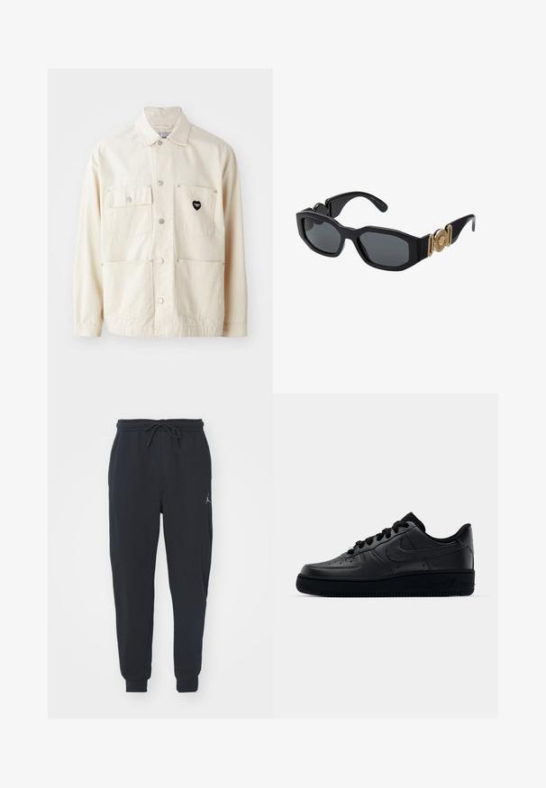 Svijetlosmeđa pamučna jakna s dugmetima sprijeda, dva džepa na prsima i dva donja džepa. Ima srebrni hardver i crni logo srca.; Bijela pamučna majica s kratkim rukavima, zaobljenim izrezom, opuštenog kroja, bez vidljivih logotipa ili uzoraka. Glatka tekstura i minimalni dizajn.; Crne trenerke od mekog materijala, sa elastičnim pojasom i uzicom, rebrastim manžetama i malim logotipom na lijevom bedru.; Crne Nike Air Force 1 tenisice s glatkim gornjim dijelom od kože, perforiranom prednjom stranom za prozračnost, crnim vezicama i teksturiranim gumiranim potplatom.; Crne sunčane naočale s debelim geometrijskim okvirom, tamnim lećama i zlatnim metalnim detaljima na sljepoočnicama koji uključuju okrugli amblem.
