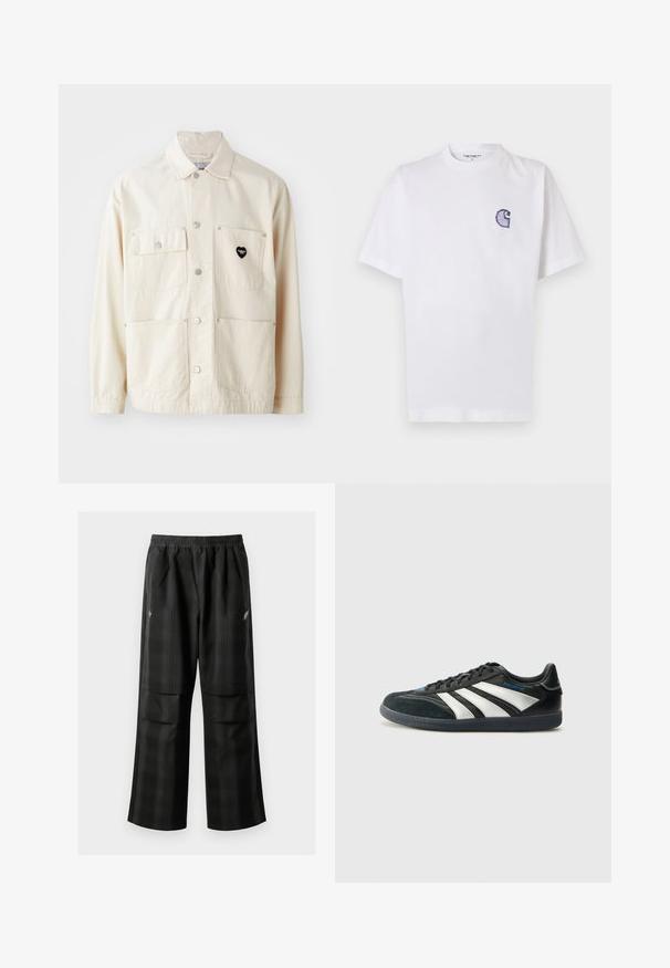 Helles beige Baumwolljackett mit durchgängiger Knopfleiste, zwei Brusttaschen und zwei unteren Taschen. Merkmale sind silberne Hardware und ein schwarzes Herz-Logo.; Weißes Baumwoll-T-Shirt mit kurzen Ärmeln, rundem Halsausschnitt und einem kleinen, gestickten blauen "C"-Logo auf der linken Brustseite.; Schwarze karierte Hosen mit elastischem Bund, zwei Fronttaschen und lockerer Passform im geraden Beinschnitt. Hergestellt aus leichtem Material.; adidas Performance PREDATOR FREESTYLE JUDE INDOOR FOOTBALL SHOES - Indoor-Fußballschuhe - core black/silver-coloured/glory blue