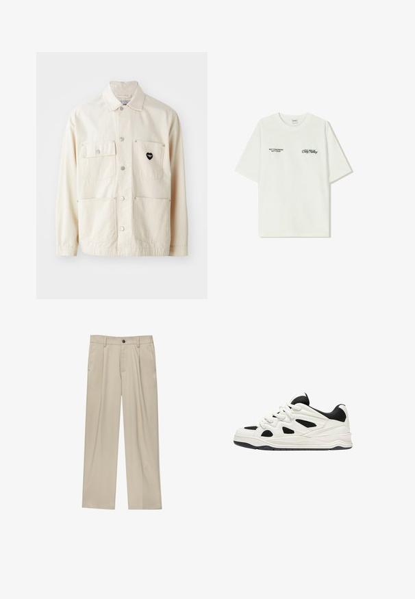 Vaalea beige puuvillatakki, jossa on nappisuljenta, kaksi rintataskua ja kaksi alhaista taskua. Varustettu hopeisilla yksityiskohdilla ja mustalla sydänlogolla.; Valkoinen puuvillainen t-paita lyhyillä hihoilla. Edessä mustaa tekstiä: "EI HUOMENNA EI TÄNÄÄN" ja "MAAN TAITEILU" vihreällä käsialalla.; Beige-housut suoran leikkauksen omaavina, joissa on yksi musta nappi, vyölenkit ja sivutaskut. Sileä kangas ja minimalisti muotoilu.; Valkoiset ja mustat urheilukengät, joissa on teksturoitu pohja, sivuilla leikkauksia ja nauhoja, sekä pehmustettu takapohja tuen tarjoamiseksi.