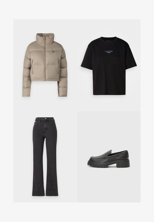 Cropped beige puffer jacket made from synthetic material, featuring a high collar, zippered pockets, and subtle branding on the chest.; Black cotton t-shirt with a round neck, short sleeves, and blue embroidered "Calvin Klein JEANS" logo on the front.; Black high-waisted flared jeans made of denim, featuring a button closure, belt loops, and side pockets. Smooth texture with minimal fading.; Black leather loafers with a rounded toe, thick textured sole, and minimal stitching details. Sleek design with no visible laces or hardware.