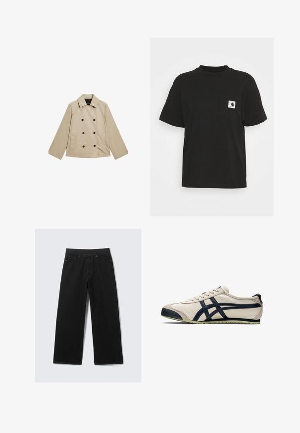 Beżowa, podwójnie zapinana kurtka z bawełny. Posiada duże czarne guziki, klasyczny kołnierz oraz boczne kieszenie w luźnym kroju.; Czarny bawełniany T-shirt z krótkimi rękawami, okrągłym dekoltem i przednią kieszonką z kwadratowym logo w białym i czarnym kolorze.; Czarne szerokie spodnie dżinsowe z klasycznym pięcioma kieszeniami oraz usztywnionym paskiem z szlufkami.; Jasno beżowy skórzany but z granatowymi akcentami, niski profil, zaokrąglony czubek i zielona gumowa podeszwa. Posiada sznurowanie i fakturowany czubek.