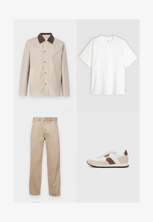 Vaalean beige takki kevyestä materiaalista, jossa on tumma ruskea samettikaulus ja napitettava etuosa kahdella sivutaskulla.; Valkoinen lyhythihainen t-paita, joka on valmistettu puuvillasta ja jossa on pyöreä pääntie. Etupuolella on hienovarainen kohokuvioitu logo ja helmassa punainen etiketti.; Beige farkkuhousut suoranlahkeisella muotoilulla, joissa on etutaskut, metallinen nappisulku ja hillitty rakenne.; Valkoisesta verkkokudoksesta ja beige suede-kankaasta valmistetut lenkkarit, joissa on ruskea nahka-akcentti. Pyöreä kärki, litteä kumipohja ja nauhakiinnitys.