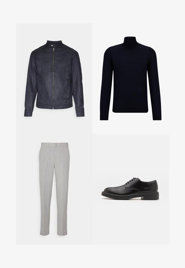 Tamsiai mėlynas zomšinis švarkas su aukštu apykakle, priekiniais užtrauktukais ir ilgomis rankovėmis, pasižymintis sklandžia tekstūra ir minimalistiniu dizainu.; Tamsiai mėlynas megztinis su aukštu kaklu, pagamintas iš smulkaus mezgimo audinio, su ilgomis rankovėmis ir prisitaikančiu, aukštu kaklu. Nėra matomų raštų ar akcentų.; Šviesiai pilki kelnės su lygiu paviršiumi, plokščiu priekiu ir tiesiomis kojomis. Pagamintos iš kvėpuojančios medžiagos, su vidinėmis kišenėmis ir diržo kilpomis.; Juodas odinis batų modelis su raišteliais, apvaliu nosiu, lygiu paviršiumi, minimaliai siuvinėjimu ir žemu guminėmis pakulne. Ant pakulnės šalia logo.