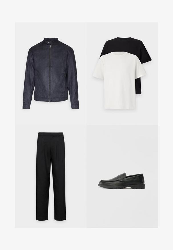 Tumedas sinise värvi sametjakk, millel on kõrge krae, eesne lukuga sulgemine ja pikad varrukad, sujuva tekstuuri ning minimalistliku disainiga.; Puuvillane t-särkide komplekt, mis sisaldab musta ja valget särk, mõlemad lühikeste varrukatega, ümmarguse kaelusega ja standardse lõikega. Tekstuuriga kangas.; Mustad mustadest riietest, millel on sirge jalgade disain, kaks eesmist voltimist ja tavaline vöökoht, millel on vöökohad.; Musthave nahkkingad siledast nahast, mokassiini stiilis ülevalt, tikanditega ja kummist tallaga. Klassikaline disain madala kontsaga.