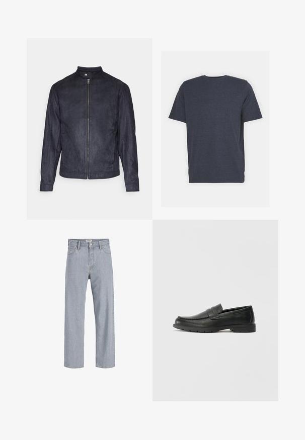 Morská modrá semišová bunda s vysokým golierom, predným zipsom a dlhými rukávmi s hladkou textúrou a minimalistickým dizajnom.; Námorníckomodrá tričko s okrúhlym výstrihom vyrobené z mäkkej bavlnenej zmesi, s krátkymi rukávmi a klasickým strihom. Žiadne viditeľné vzory ani akcenty.; Svetlomodré džínsy s uvoľneným strihom, rovný strih nohavíc, viditeľné stehy, dve predné vrecká a zapínanie na gombík.; Čierne kožené mokasíny s hladkým povrchom, vrchnou časťou v štýle mokasín, prešitým detailom a gumovou podrážkou. Klasický dizajn s nízkym podpätkom.