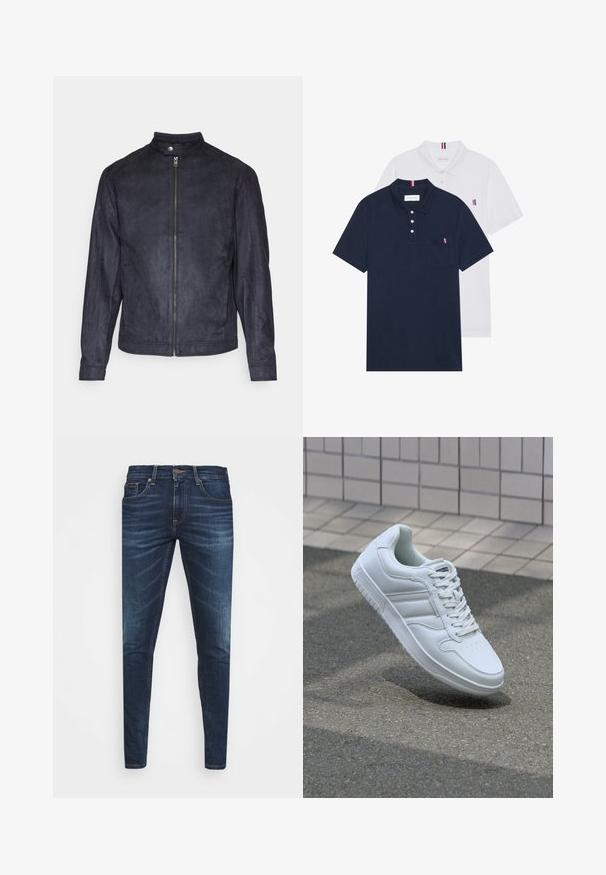 Veste en suède bleu marine avec un col montant, fermeture éclair sur le devant et manches longues, au toucher lisse et au design minimaliste.; Deux polos : un bleu marine et un blanc, tous deux avec un petit accent rouge, blanc et bleu sur la poche poitrine et le col.; Jean en denim bleu foncé avec une coupe slim, décoloration subtile, cinq poches et une fermeture à bouton en métal. Accents cousus dans une couleur contrastante.; Baskets blanches de sport avec une tige en cuir lisse, un laçage à l'avant, une pointe perforée et une semelle à motifs. Design minimaliste avec trois bandes latérales.