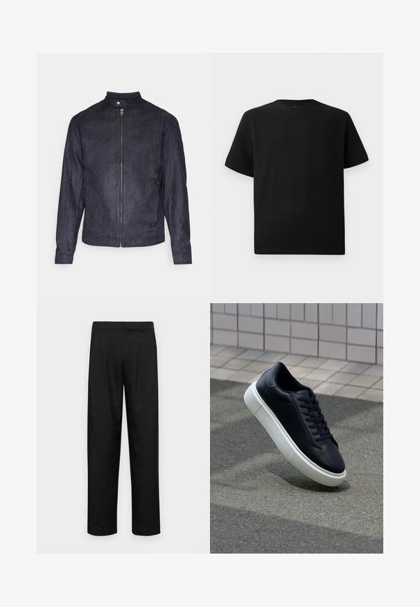Jūras zila zamšādas jaka ar augstu apkakli, priekšējo rāvējslēdzēja aizdari un garām piedurknēm, ar gludu tekstūru un minimālisma dizainu.; Melnās īsām piedurknēm T-krekls no teksturēta auduma, ar apaļu kakla izgriezumu un brīvu piegriezumu. Vienkāršs, bez rakstiem vai akcentiem.; Melnas bikses, izgatavotas no gludas auduma, ar taisnu kāju dizainu, divām priekšējām krokām un standarta jostu, kurai ir āķi.; Melnas ādas kedas ar noapaļotu pirkstu un baltu gumijas zoli. Iespējas - plakanas šņorītes un minimāla apdare augšdaļā. Struktūrēta zole, lai nodrošinātu saķeri.