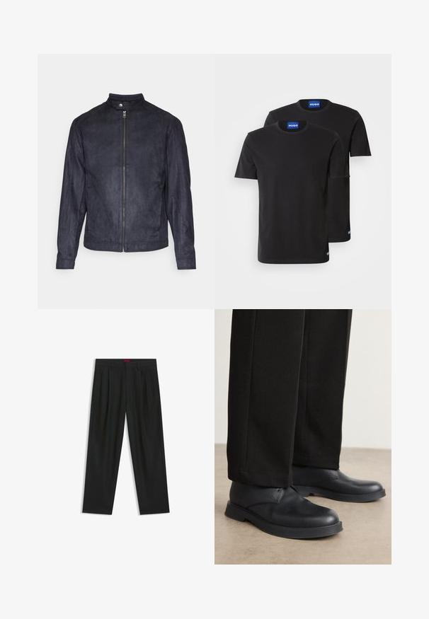 Navyblauwe suède jas met een hoge kraag, ritssluiting aan de voorkant en lange mouwen, met een gladde textuur en een minimalistisch ontwerp.; Twee zwarte katoenen T-shirts met ronde hals, korte mouwen en blauwe "HUGO" labels op de kragen en zijsplitten.; Zwarte broek met een geplooid ontwerp, wijde pijpen en een zachte textuur. Voorzien van een rode taillebandlabel.; Zwarte lederen schoenen met een ronde neus, platte zool en minimale details. Gecombineerd met stijlvolle zwarte broek, die een gladde textuur laat zien.