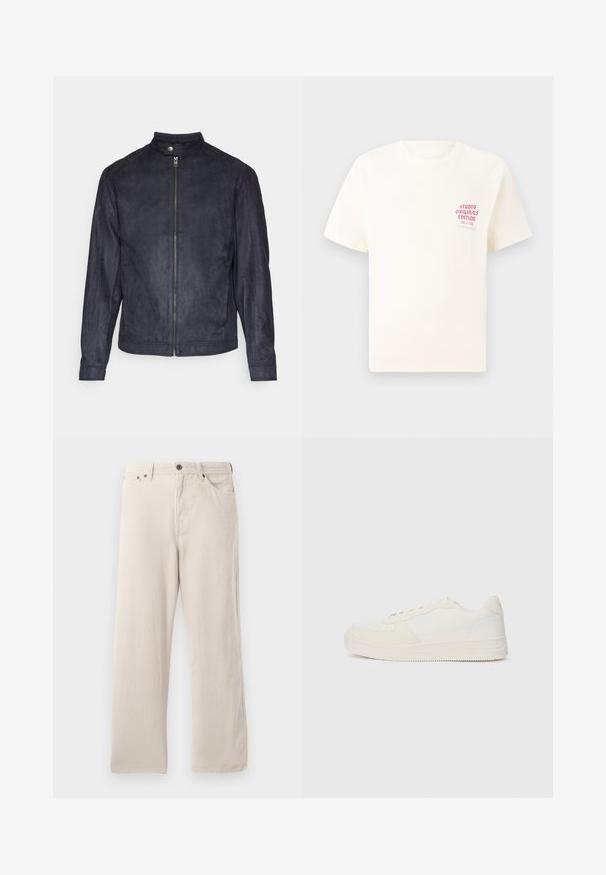 Tumedas sinise värvi sametjakk, millel on kõrge krae, eesne lukuga sulgemine ja pikad varrukad, sujuva tekstuuri ning minimalistliku disainiga.; Valge lühikeste varrukatega T-särk, millel on vasakul rinnal punane tekst "Studio Originals Edition", esitatud neutraalsel hallil taustal.; Bežist korduroopüksid sirge lõikega, ribakujulise tekstuuriga, viie tasku disainiga ja nööpidega sulgemisega.; Valged sneake'rid sujuva nahk-ülaosaga ja sametiste detailidega. Varustatud aukudega varbaosa, lapikute paelte ja tekstuurse detailiga kummist tallaga.