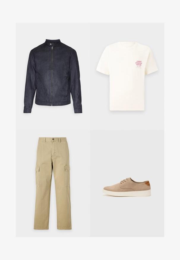 Marineblå semsket skinnjakke med høy krage, frontlås med glidelås og lange ermer, med en glatt tekstur og minimalistisk design.; Hvit T-skjorte med korte ermer og rød tekst "Studio Originals Edition" på venstre bryst, vist på en nøytral grå bakgrunn.; Beige cargo bukser laget av bomull, med to sidelommer, knappelukking, og rette ben med et lett strukturert stoff.; Beige semskinnsko med rund tå, snøring foran og en teksturert bakre aksent. Hvit gummisåle gir kontrast. Enkelt og moderne design.