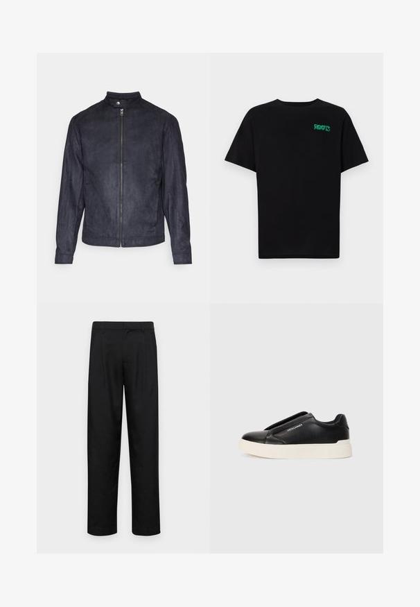 Veste en suède bleu marine avec un col montant, fermeture éclair sur le devant et manches longues, au toucher lisse et au design minimaliste.; T-shirt noir en coton à manches courtes. Présente un logo "ROOTS" vert sur le devant, un col rond et une coupe standard.; Pantalons noirs en tissu lisse, avec une coupe droite, deux plis avant et une taille standard avec passants de ceinture.; Baskets noires à enfiler avec un dessus en cuir texturé, semelle en caoutchouc blanche et sans lacets visibles. Présente le logo de la marque sur le côté.