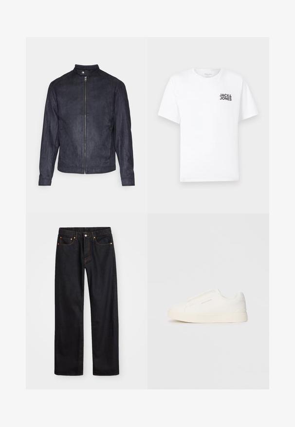 Veste en suède bleu marine avec un col montant, fermeture éclair sur le devant et manches longues, au toucher lisse et au design minimaliste.; T-shirt en coton blanc, à manches courtes, col rond. Présente un logo en texte noir "JACK & JONES" sur la poitrine gauche. Design simple et sobre.; Jean en denim noir pour hommes, coupe droite, avec cinq poches et surpiqûres orange, fermeture par bouton et zip à la taille avant.; Baskets blanches sans lacets avec une surface texturée, une semelle épaisse et un design minimaliste. Présente le logo de la marque sur le côté.