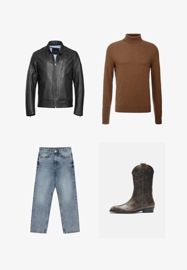 Zwarte leren motorjack met een staande kraag, een ritssluiting aan de voorkant en twee zijzakken. Voorzien van subtiele stiksels en een gladde textuur.; Bruine coltrui gemaakt van zachte stof, met lange mouwen, geribde boorden en een smal ontwerp zonder zichtbare patronen.; Lichtblauwe denim jeans met een rechte pijp, zichtbare stiksels, vijf zakken en een knoopsluiting in de taille.; Bruine leren cowboylaars met een hoge schacht, spitse neus, ingewikkelde stikpatronen en een kleine hak. Gevarieerde afwerking overal.