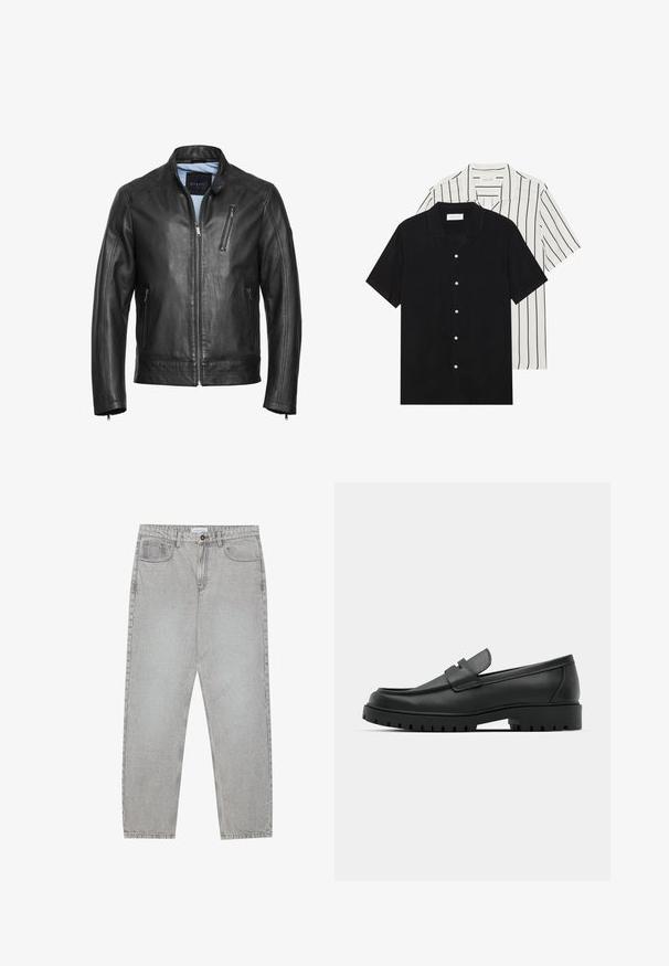Mustakasta nahka-mototakkia, jossa on pystysuora kaulus, vetoketjukiinnitys edessä ja kaksi sivutaskua. Takissa on hienovaraista ompelua ja sileä pinta.; Kaksi lyhythihaista puseroa: yksi yhtenäinen musta, toinen valkoinen mustilla pystyraitoilla. Molemmissa on napitus ja klassinen kaulus.; Vaaleanharmaat farkut, joissa on suora lahje, viisi taskua ja nappisulku. Saumojen varrella näkyvä ompelu.; Musta nahkaloafers, joissa on pyöreä kärki, ommeltu pinta, matala alusta ja kuvioitu, kuminen ulkopohja.