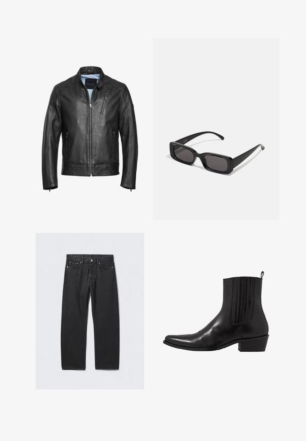 Schwarze Leder-Motorradjacke mit Stehkragen, Reißverschluss vorne und zwei seitlichen Taschen. Verfügt über dezente Nähte und eine glatte Oberfläche.; Weißes langärmeliges Hemd mit Knopfleiste aus glattem Stoff. Verfügt über einen klassischen Kragen, eine durchgehende Knopfleiste und Ein-Knopf-Manschetten. Figurbetonter Schnitt.; Schwarze Denim-Jeans im geraden Schnitt mit Knopfverschluss, fünf Taschen und kupferfarbenen Hardware-Elementen. Glatte Textur.; Schwarze Leder- ankle boot mit spitzem Zehenbereich, elastischen Seitenpaneelen, vertikalen Steppnähten und einem niedrigen Blockabsatz.; Schwarze rechteckige Sonnenbrille mit dunklen Gläsern, glänzender Oberfläche, breiten Bügeln und einem klobigen Rahmen-Design. Gravierter Markenname auf einem Bügel.