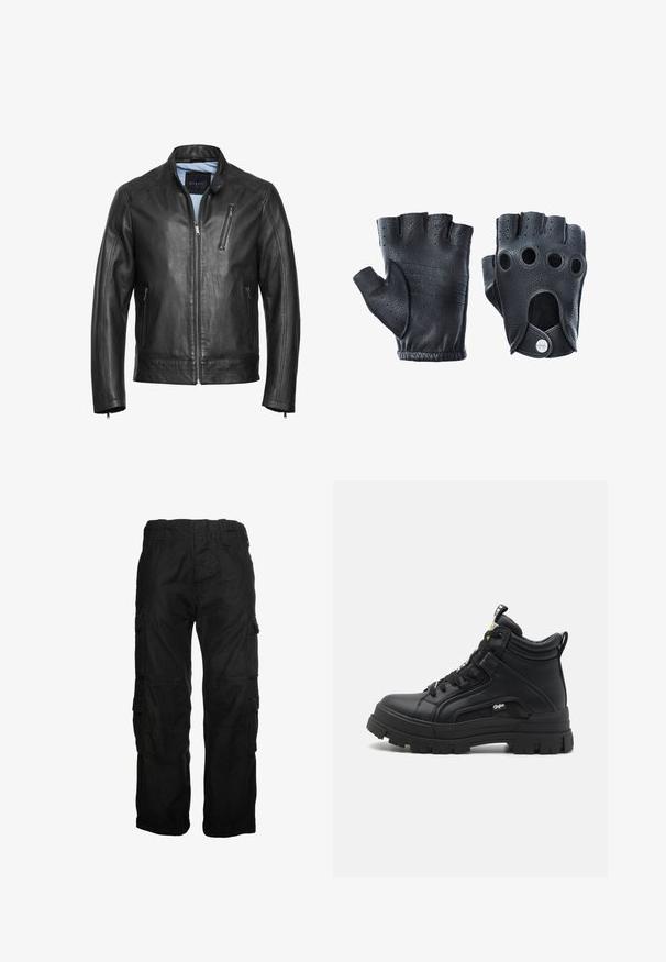 Crna kožna motociklistička jakna s visokim ovratnikom, zatvaračem sprijeda i dva bočna džepa. Ima diskretno šivanje i glatku teksturu.; Bijela košulja dugih rukava sa dugim kragnom, s glatkom teksturom i šest dugmadi sprijeda. Prilagođeni kroj s manžetama.; Crne cargo hlače od pamuka, s više bočnih džepova, elastičnim pojasom i opuštenim krojem. Glatka tekstura s detaljima šavova.; Crni visoki obuća napravljena od teksturirane kože, s debelim gumiranim potplatom, vezanjem sprijeda i malim logotipom sa strane.; Crne kožne rukavice bez prstiju s teksturiranim finišem. Značajke uključuju četiri otvora za prste, ojačane šavove i kopču na dugme.