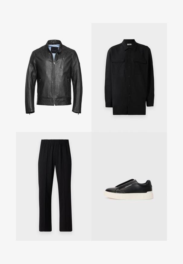 Giacca da motociclista in pelle nera con colletto alto, chiusura zip e due tasche laterali. Presenta cuciture sottili e una texture liscia.; Camicia nera con bottoni realizzata in tessuto morbido, dotata di colletto classico, due tasche frontali e maniche lunghe con polsini a bottone.; Pantaloni neri con vita elasticizzata e design a gamba dritta, caratterizzati da una texture liscia e senza motivi o hardware visibili.; Sneaker nera slip-on con parte superiore in pelle texturizzata, suola in gomma bianca e senza lacci visibili. Presenta il logo del marchio sul lato.