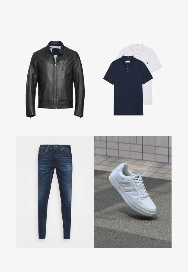 Črna usnjena motoristična jakna z dvignjenim ovratnikom, zadrgo spredaj in dvema stranskima žepoma. Ima subtilno šivanje in gladko teksturo.; Dve polo majice: ena mornarsko modra in ena bela, obe z majhnim rdečim, belim in modrim poudarjanjem na žepu in ovratniku.; Temno modri kavbojke ozkega kroja, s subtilnim bledenjem, petimi žepi in kovinskim zapiranjem na gumb. Oštrikanje z akcenti v kontrastni barvi.; Bela atletska teniska obutev z gladkim usnjenim zgornjim delom, vezanjem spredaj, perforiranim prstom in vzorčastim podplatom. Minimalistična zasnova s tremi stranskimi črtami.