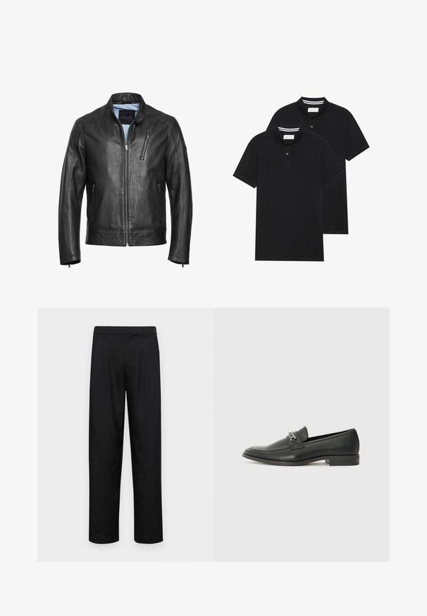 Must have nahkamaantehus jakk, millel on püsti kaelus, lukuga esiosa ja kaks küljetaskut. Sisaldab peeneid õmblusi ja siledat tekstuuri.; Kaks musta polo särki, lühikeste varrukatega, puuvillane materjal, klassikalise kraega, kahe nupuga kinnitusega, valgete triipudega krae sisepinnal.; Mustad mustadest riietest, millel on sirge jalgade disain, kaks eesmist voltimist ja tavaline vöökoht, millel on vöökohad.; Must haveate nahkking punased, millel on sile viimistlus, tikitud muster ja dekoratiivne metallkett vampi üle. Tasane konts.