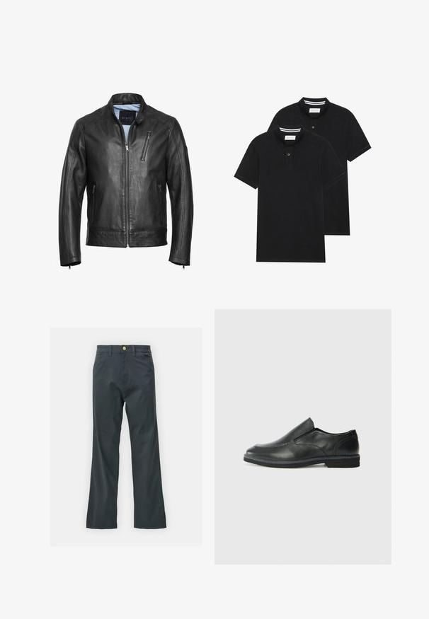 Črna usnjena motoristična jakna z dvignjenim ovratnikom, zadrgo spredaj in dvema stranskima žepoma. Ima subtilno šivanje in gladko teksturo.; Dve črne polo majice, kratke rokave, iz bombažnega materiala, z klasik ovratnikom, dvobodno zaponko in belimi črtkami znotraj ovratnika.; Črne hlače s ravnim krojem, izdelane iz mešanice bombaža. Imajo kovinsko zaponko in stranske žepe. Brez vidnih vzorcev.; Črne usnjene natikače z gladkim zgornjim delom, prišitimi detajli, zaobljenim nosom in nizkim gumijastim petkom. Podplat ima minimalen profil.