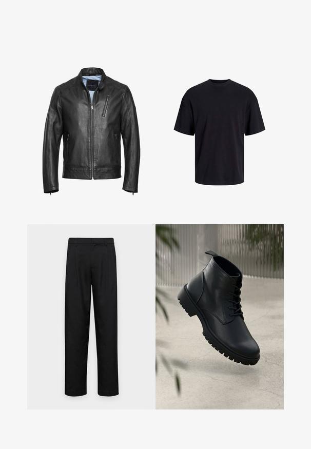 Mustakasta nahka-mototakkia, jossa on pystysuora kaulus, vetoketjukiinnitys edessä ja kaksi sivutaskua. Takissa on hienovaraista ompelua ja sileä pinta.; Musta puuvillapaita, jossa on pyöreä kaula-aukko, lyhyet hihat ja rento muotoilu. Yksinkertainen ja sileä pinta, ilman näkyviä kuvioita tai koristeita.; Mustat housut, jotka on valmistettu sileästä kankaasta, suoran lahkeen muotoilulla, kahdella etupleekillä ja tavanomaisella vyötäröllä, jossa on vyölenkit.; Mustat nahka nilkkurit, joissa on pyöreä kärki, nauhakiinnitys ja kova kumipohja. Sujuva pinta, jossa on vetoketju takana.
