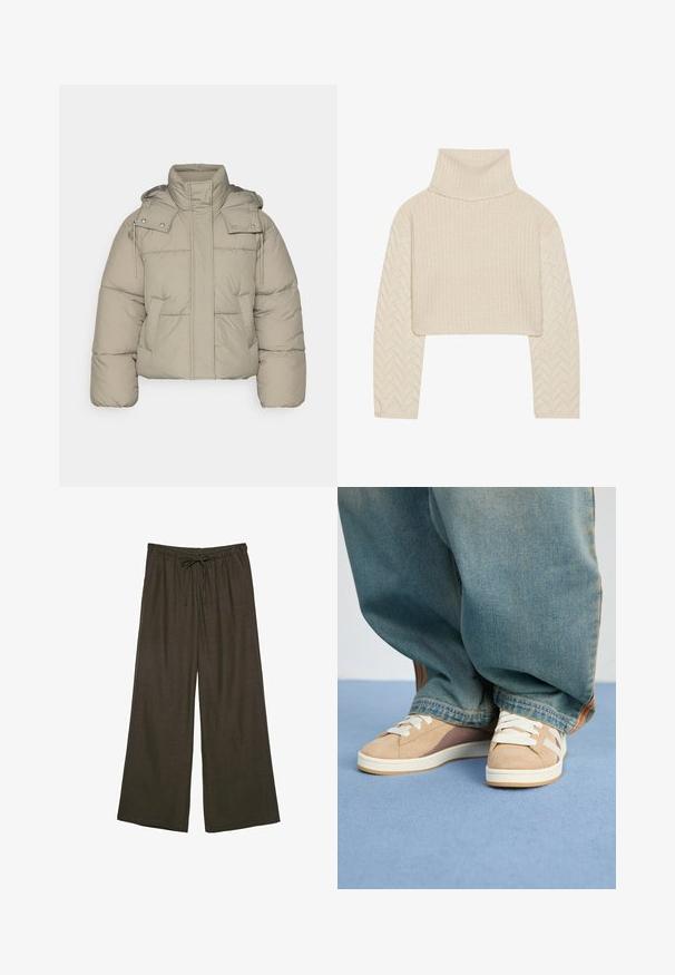 Béžová prešívaná bunda s vysokým golierom, odnímateľnou kapucňou a prednými vreckami. Textúrovaná tkanina s viditeľným prešívaním a kovovými cvokmi.; Krémový skrátený sveter s vysokým golierom, textúrovaným pleteným telom a rukávmi s ryšavým vzorom. Vyrobený z jemnej priadze.; Tmavo hnedé široké nohavice s elastickým pásom a nastaviteľnou šnúrkou. Vyrobené z jemnej, ľahkej tkaniny.; Béžové tenisky zo zamatového a textilného materiálu, s bielymi šnúrkami, svetlohnedými akcentami a textúrovanou podrážkou. Nosené s voľnými modrými denimovými nohavicami.
