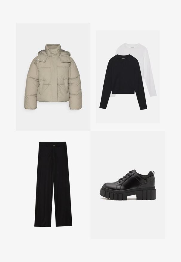Beige polstret jakke med høy krage, avtagbar hette og frontlommer. Teksturert stoff med synlige sømmer og metalldetaljer med trykknapper.; To lange ermerte skjorter: en svart og en hvit. Begge har rund hals, raglanermer og er laget av en myk bomullsblanding.; Bredde ben sorte bukser laget av et glatt stoff, med frontlommer og knappelukking i midjen. Minimalistisk design uten mønstre.; Svarte lærplattformsko med kraftig blokkhell, rund tå og tradisjonell snøring. Har en jevn tekstur og minimal detaljering.