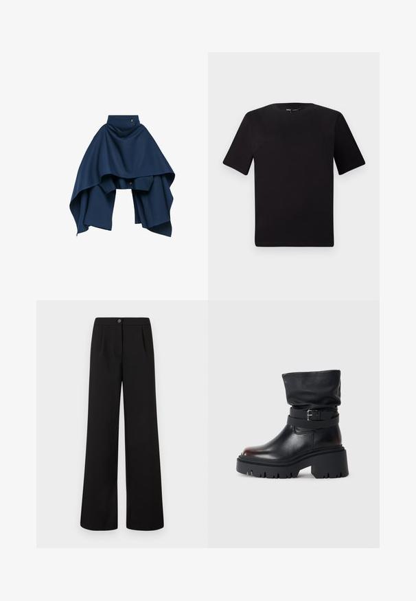 Granatowa spódnica z asymetrycznym dołem i warstwowym materiałem. Wykonana z miękkiego materiału, ma wysoki stan oraz guzik w talii.; Czarna koszulka z krótkim rękawem o okrągłym dekolcie, wykonana z miękkiej bawełny. Prosty design, bez widocznych logo ani wzorów.; Czarne szerokie spodnie z wysokim stanem, zapinane na guziki i zamek błyskawiczny, z delikatnymi fałdami poniżej pasa.; Czarne skórzane botki za kostkę z luźną cholewką, detalem w postaci klamry oraz grubą, solidną podeszwą. Charakteryzują się okrągłym noskiem i gładką fakturą.