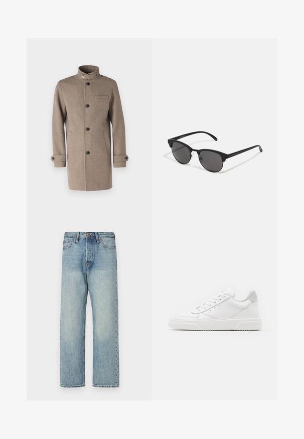 Pruun villane mantel kõrge krae, ees nupud, rinna tasku ja küljetaskud. Omab nupuga mansette ja tekstureeritud kangast.; Valge puuvillane T-särk, millel on lühikesed varrukad, ümmargune kaelus ja esiküljel punane graafiline tekst "MAITSVA KONDISIOONIGA PUUVILI".; Heledad sinine teksapüksid otse jala lõikega, viie tasku ja pronksist detailidega. Minimoodustunud pleekimine puhta viimistlusega.; Valged nahast spordijalatsid siledast nahast viimistlusega, ümarate varvastega, lamekestega ja tekstuuriga tallaga. Hall suede aktsent kanna juures.; Mustad prillid ümmarguste läätsedega, mati viimistlusega ja iseloomuliku kassisilma kujuga. Peened sangad, millel on vasakul templil diskreetne brändingu märk.