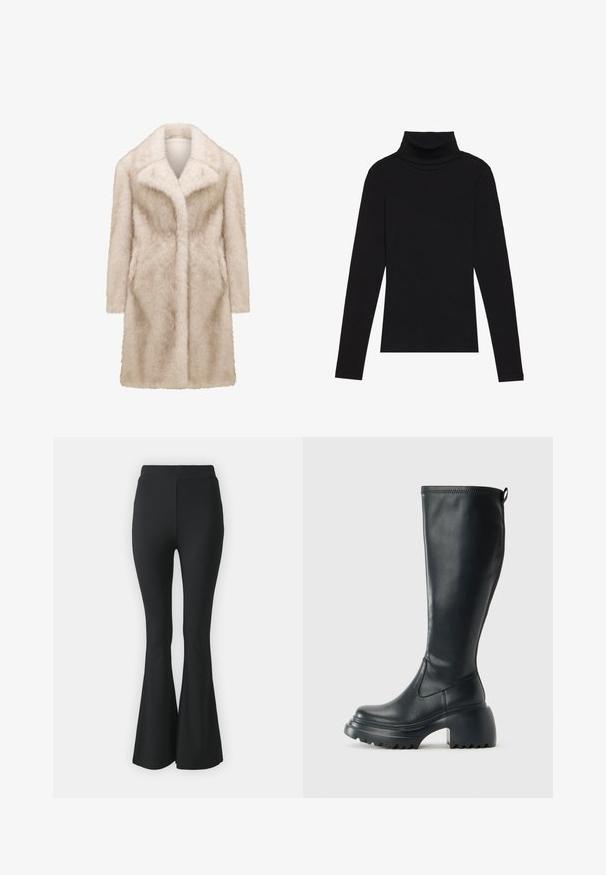 Casaco de pelagem sintética em bege claro. Possui colarinho com corte em ângulo, mangas longas e bolsos laterais. Superfície suave e texturizada com um design de comprimento médio.; Top de gola alta de manga longa, preto, feito de tecido canelado, apresenta um design justo com um decote elevado e sem padrões ou detalhes.; Calças pretas de boca de sino feitas de tecido elástico. Apresentam uma cintura alta e um design suave e ajustado que se alarga a partir do joelho para baixo.; Bota preta de couro alta com sola de plataforma robusta e salto bloco, apresentando puxador e padrão texturizado na sola.
