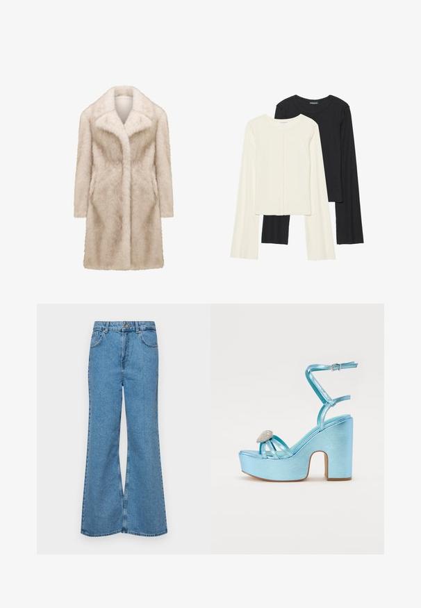 Faux fur frakk i lys beige. Har en notched krage, lange ermer og side lommer. Myk, teksturert overflate med et mid-lengde design.; Sett med to langermede topper i hvit og svart. Ribbete tekstur, rund hals, tettsittende design med lett utsvingte ermer.; Lyseblå vide jeans laget av denim, med høyt liv, fem lommer og en enkelt knappelukking. Myk tekstur med falmet finish.; Blå metalliske plattform sandaler med en tykk hæl, med kryssende stropper og en juvelert pynt på tåområdet.