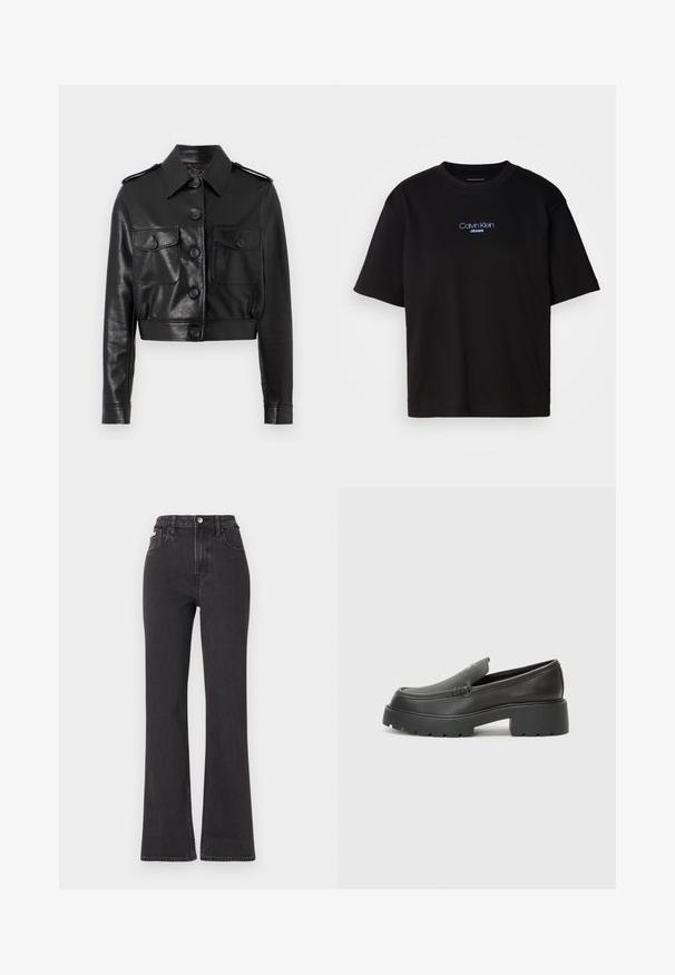 Schwarze, cropped Lederjacke mit spitzen Kragen, vorderem Knopfverschluss, zwei Brusttaschen und geknöpften Manschetten. Glatte, strukturierte Oberfläche.; Schwarzes Baumwoll-T-Shirt mit Rundhalsausschnitt, kurzen Ärmeln und blau gesticktem "Calvin Klein JEANS"-Logo auf der Vorderseite.; Schwarze, hochgeschnittene Schlagjeans aus Denim mit Knopfverschluss, Gürtelschlaufen und seitlichen Taschen. Glatte Textur mit minimaler Ausbleichung.; Schwarze Lederloafer mit einer abgerundeten Spitze, dicker strukturierten Laufsohle und minimalen Nähten. Schlankes Design ohne sichtbare Schnürsenkel oder Beschläge.