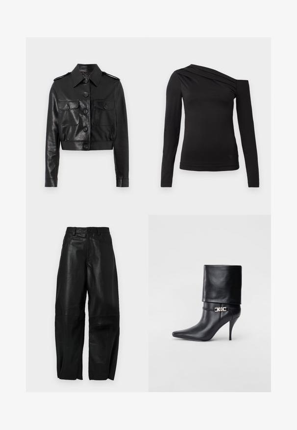 Črna skrajšana usnjena jakna s koničastim ovratnikom, sprednjim gumbnim zapiranjem, dvema prsnikoma in zapenjanjem na manšete. Gladka, teksturirana površina.; Črna dolga majica z dolgimi rokavi z asymetričnim izrezom, ki razkriva eno ramo in ima nežno padajočo draperijo čez prsi.; Črne usnjene hlače ohlapnega kroja, z ravnimi nogami, sprednjimi žepi in vidnimi šivi.; Črne usnjene gležnjarje z ostrim nosom, visokim stiletto peto, zavihanim robom in zlatim okrasnim zaponko na gležnju.