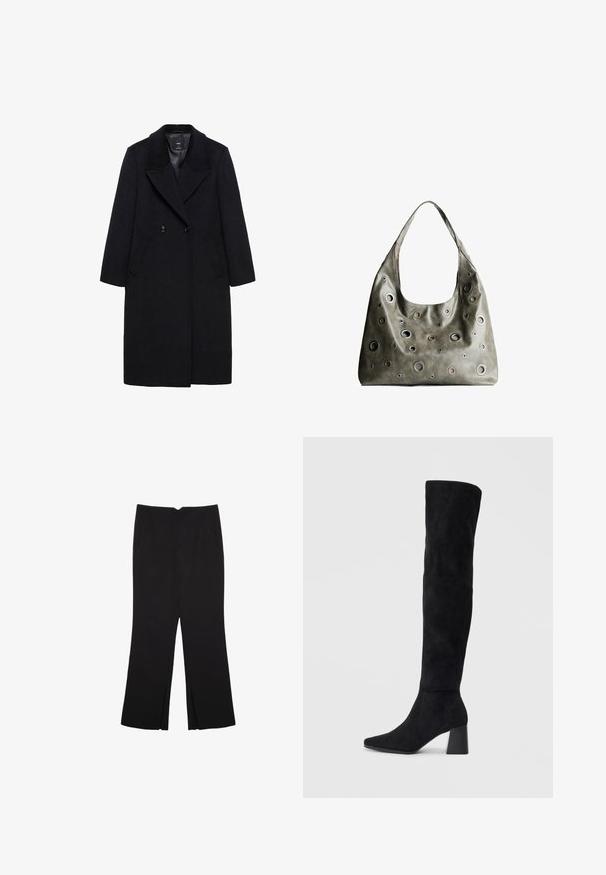 Cappotto nero doppiopetto con ampi rever, tasche laterali e una texture liscia. Il design presenta una vestibilità lunghezza ginocchio.; Top cropped nero a maniche lunghe con scollatura tonda, design semplice e orlo leggermente curvo.; Pantaloni neri a gamba dritta, con tasche frontali e spacchi laterali all'orlo. Realizzati in tessuto morbido e liscio. Adatti a diverse occasioni.; Stivale in suede nero alto fino al ginocchio con tacco a blocco, punta affusolata e design liscio e senza cuciture su uno sfondo chiaro e semplice.; Borsa a tracolla in pelle verde oliva con un design morbido, caratterizzata da tagli circolari di diverse dimensioni e dettagli in tonalità più scure e più chiare.