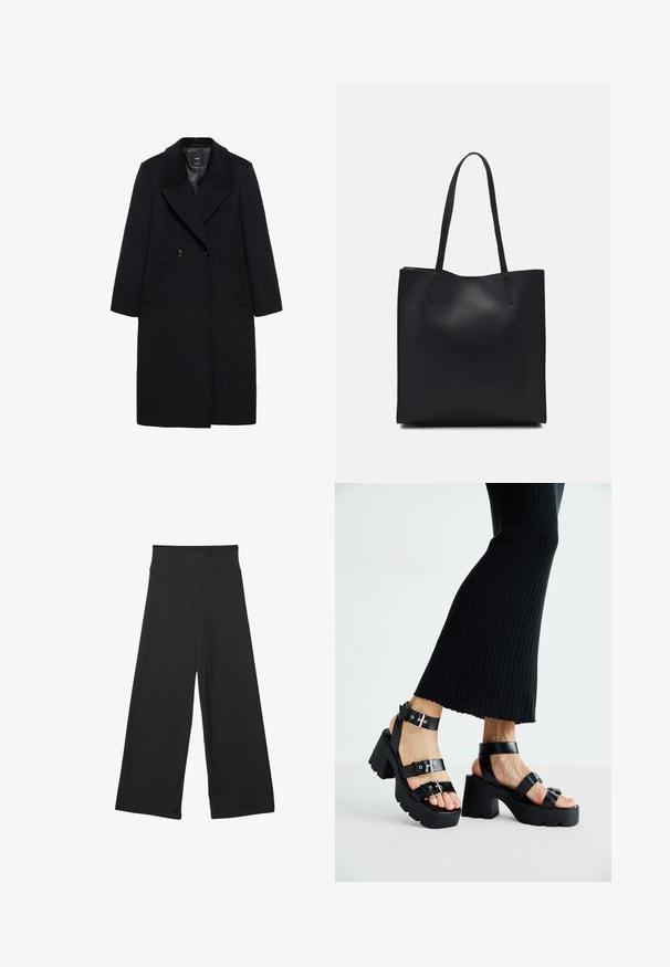 Črn dvoredni plašč z velikimi klapnicami, stranskimi žepi in gladko teksturo. Oblika je dolga do kolen.; Črna dolgi rokavi prerezana majica s krožnim izrezom, enostaven dizajn in rahlo ukrivljen rob.; Črne široke hlače z visokim elastičnim pasom, izdelane iz mehke tkanine in ohlapnega kroja, primerne za sproščeno nošenje ali casual priložnosti.; Črne platforme s sandali in debelimi, zarezami ter več naramnicami, ki vključujejo kovinske zaponke in gladko teksturo, podobno usnju.; Črna usnjena torba s svilnato teksturo, pravokotne oblike in dvema dolgima ročajema. Brez vidnih metalnih delov ali okrasnih elementov.