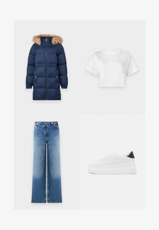 Tamsiai mėlynas pūkuotas švarkas su dirbtinio kailio pamušalu, užtrauktuku, elastinėmis rankovėmis ir dviem priekinėmis kišenėmis su auksiniais akcentais.; Balta trumpa medvilninė marškinėlių palaidinė. Trumpi rankovės, apvali iškirptė, lygus paviršius, kasdienis dizainas be raštų ar puošmenų.; Šviesiai mėlynos plačios kojų džinsai su išblukusia danga, turintys klasikinį penkių kišenių dizainą ir metalinius mygtukus juosmens srityje.; Balti platforminiai sportbačiai, pagaminti iš lygios sintetinio audinio, su apvaliu pirštu, raištelių užsegimu ir tekstūruota guma padanga. Juodas kulno akcentas.