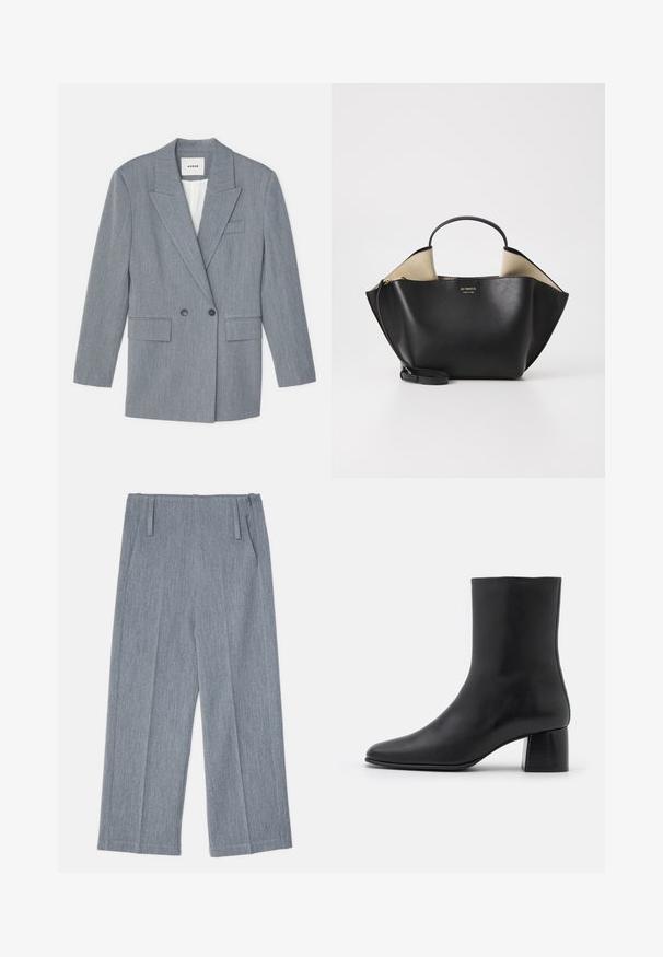 Szürke, szabott zakó, amely textúrált anyagból készült. Jellemzői a dupla soros gombolás, az álló hajtókák és két elülső zseb.; Fekete, hosszú ujjú felső, puha szövetből készült, kerek nyakkivágással és laza szabással, az alján oldalhasítékokkal a mozgás könnyítése érdekében.; Világosszürke, bőszárú nadrág, texturált anyagból készült, két elülső redővel és két oldalsó zsebbel. Letisztult, igényes dizájn.; Fekete bőr bokacsizma hegyes orral és vastag, négyzet alakú sarokkal. Simább felület, mondanivaló nélküli dizájn és minimalista varrás.; Ree Projects ANN TOTE MINI - Kézitáska - black