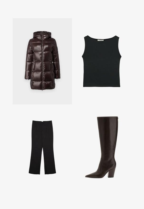 Manteau matelassé marron avec un design brillant, fermeture éclair intégrale et capuche. Comprend deux poches avant et des poignets élastiques.; Top sans manches noir en tissu lisse, avec un col rond et une coupe ajustée, sans motifs ni ornements apparents.; Pantalon noir avec une coupe droite, doté de poches avant et d'éclairs sur l'ourlet. Fabriqué en tissu doux et lisse. Convient à diverses occasions.; Botte en cuir marron, haute jusqu'au genou, avec un bout pointu et un talon carré. Elle présente une texture lisse et une fermeture éclair sur le côté pour un enfilage facile.