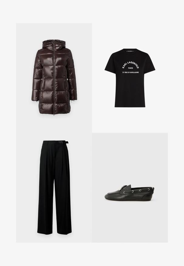 Ruskea puhvitakki, jossa on kiiltävä, vuorattu muotoilu, täysi vetoketju ja huppu. Sisältää kaksi etutaskua ja joustavat hihansuut.; Musta puuvillapaita, jossa on valkoinen teksti: "KARL LAGERFELD PARIS 21 RUE ST-GUILLAUME." Klassinen pyöreä kaula-aukko ja lyhyet hihat.; Mustat leveät housut korkealla vyötäröllä, etuosassa laskokset ja soljellinen vyö. Valmistettu sileästä ja kevyestä kankaasta.; Mustat nahkaveneilykengät, joissa on pyöreä kärki, nauhalla kiinnitetty etuosa, metalliset silmukat ja litteä pohja. Takana on pieni läppä.