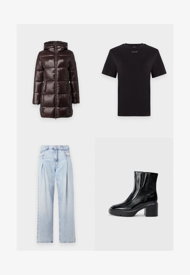 Bruine pufferjas met een glanzend, doorgestikt ontwerp, volledige rits en een capuchon. Inclusief twee voorzakken en elastische manchetten.; Zwarte katoenen t-shirt met korte mouwen, ronde hals en klein wit "Calvin Klein" logo op de borst. Gladde textuur, klassieke pasvorm.; Lichtblauwe denim jeans met een hoge taille, wijde pijpen, twee zijzakken en geplooid ontwerp. Zachte textuur met een vervaagd uiterlijk.; Zwarte gepatenteerde leren enkellaarsjes met een gebogen neus, elastische zijpanelen en een chunky blokhak. Voorzien van een reliëflogo aan de achterkant.