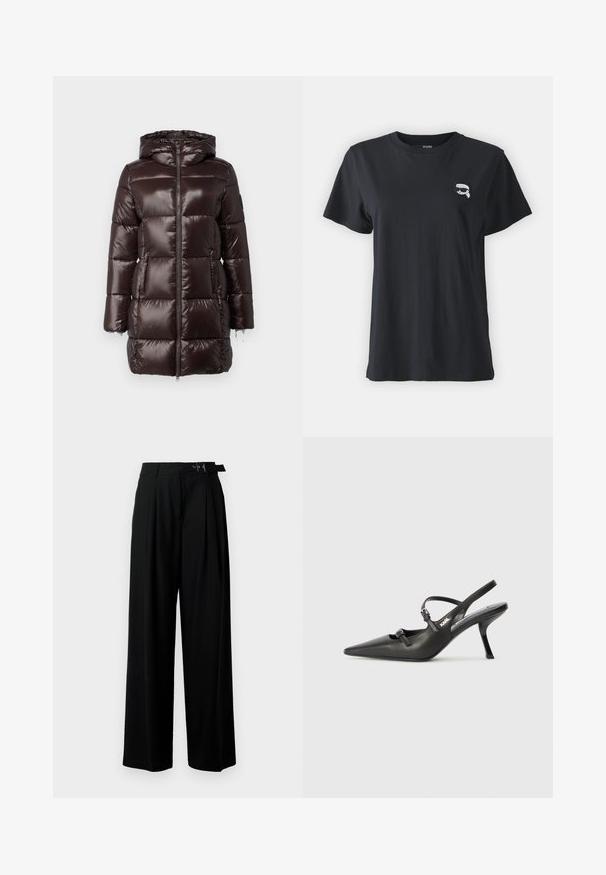 Rudas pūkinis švarkas su blizgaus, siuvinėto dizaino, pilnu užtrauktuku ir gaubtu. Turintis dvi priekines kišenes ir elastinius rankogalius.; Juodas medvilnės marškinėliai trumpomis rankovėmis ir apvaliu iškirpimu. Ant krūtinės pavaizduota maža balta grafika. Lygus audinys, kasdienis siluetas.; Juodos plačios kojų kelnės su aukštu liemeniu, priekinėmis klostėmis ir diržu su sagtimi. Pagamintos iš lygaus, lengvo audinio.; Juodi odiniai slingback kulniukai su smailiu pirštu, siauru kulnu ir dekoratyvine sagtimi viršuje. Lygus paviršius ir elegantiškas dizainas.