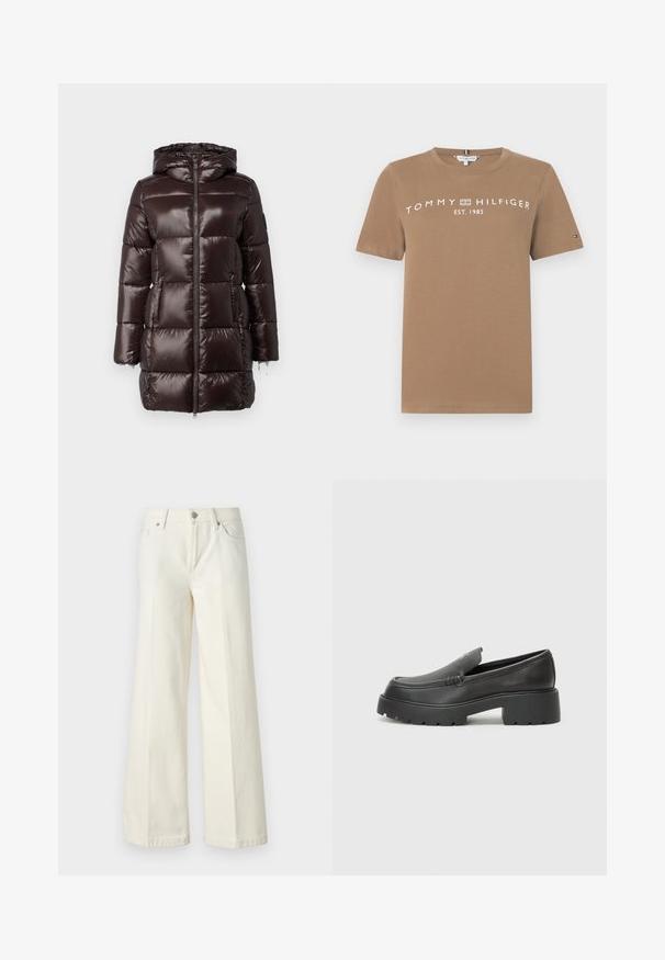 Brun pufferjakke med et skinnende, quiltet design, fuld lynlås og hætte. Inkluderer to foroderlommer og elastiske manchetter.; Brun bomulds t-shirt med korte ærmer, med hvid logo tekst "TOMMY HILFIGER EST. 1985" på forsiden og et lille logo-accent på ærmet.; Videbenede hvide jeans lavet af en blanding af bomuldsstof. Har en lynlås i fronten, fem lommer og syninger langs sømmene.; Sorte læder loafers med rund tå, tyk tekstureret sål og minimale syninger. Elegant design uden synlige snørebånd eller hardware.