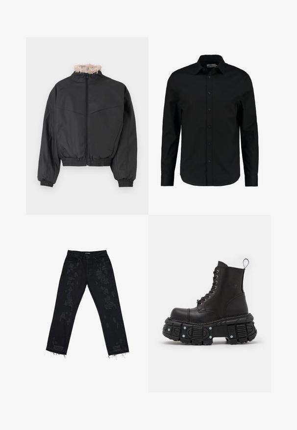 Svart bombarjacka med dragkedja och en lätt fuskpälskrage. Har elastiska ärmslut och nederkant, slät textur och en strukturerad design.; Svart långärmad skjorta i slätt tyg, med knäppning framtill, spetsig krage och en skräddarsydd passform med rundad fåll.; Svarta denimjeans med slitna lappar, avslappnad passform, fransad nederkant och standard femficksdesign. Tyget verkar hållbart och texturerat.; Svarta läderkängor i kampstil med hög skaft, snörning, kraftig gummisula och metallaccenter på sulans bas.